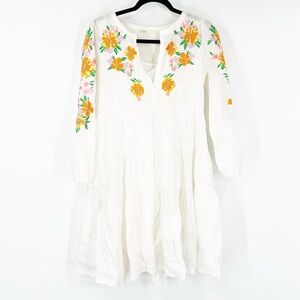 MAJE Floral-Embroidered Knee-Length Dress in White Linen